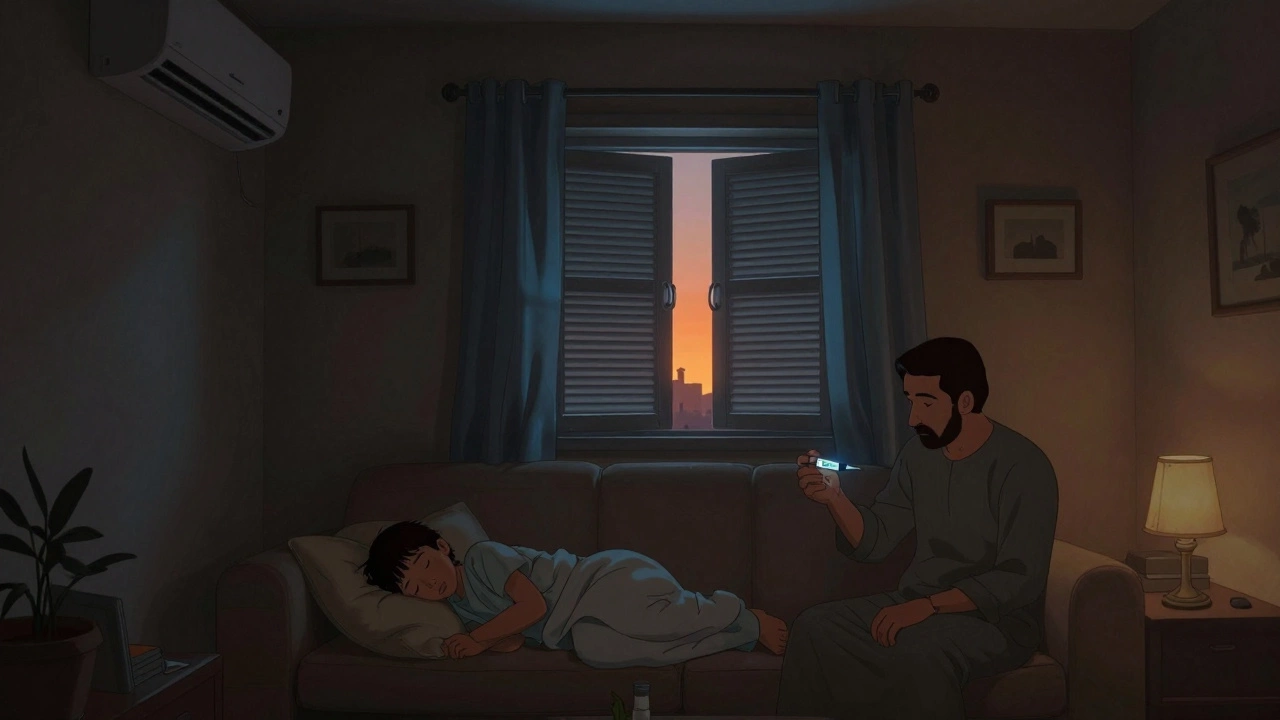 Семья в прохладном доме Кувейта, за окном — огненный закат, внутри — тишина и кондиционер.