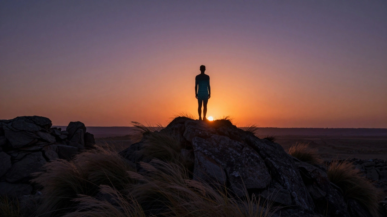 Силуэт человека на хребте на закате, цифровая сетка исчезает в природе, символизируя отключение от технологий.