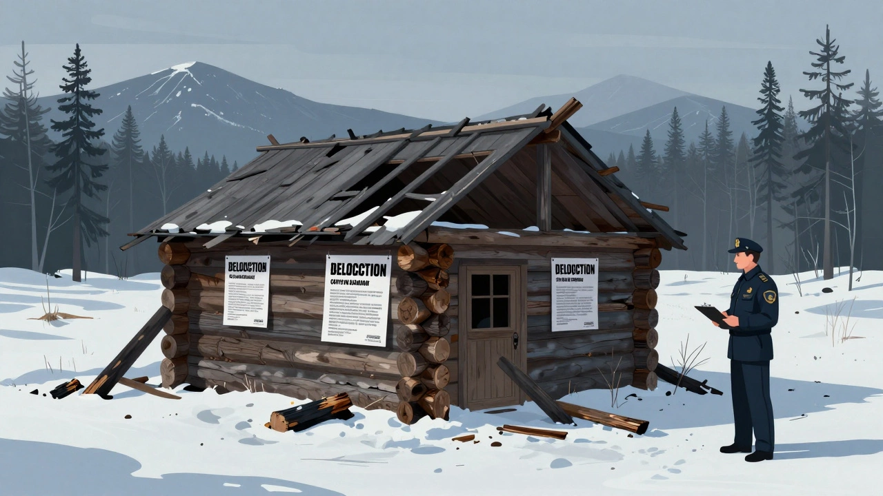 Снесённый дом на краю заповедника под снегом, рядом — сотрудник природоохранной службы.