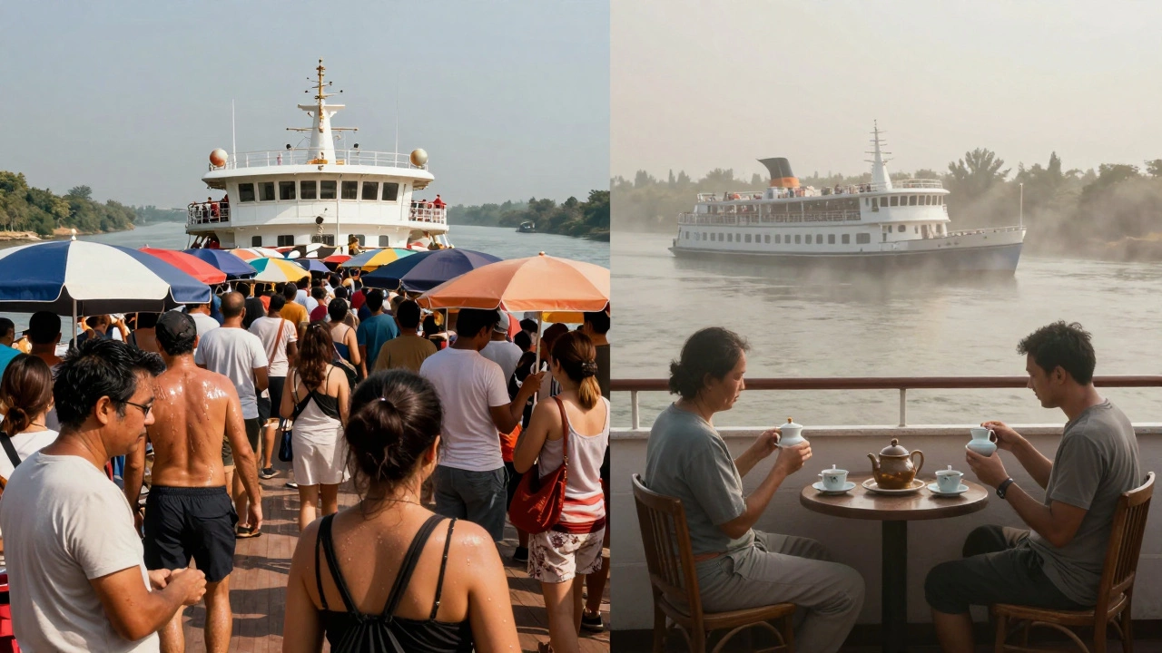 Сравнение: переполненная палуба в июле и тихая — в апреле, контраст жары и спокойствия на реке.