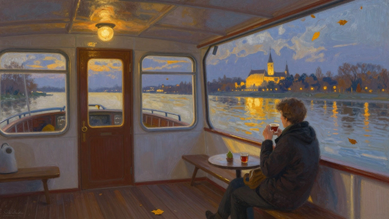 Тёплый интерьер речного судна в ноябре, пассажир с чашкой чая смотрит на золотые пейзажи Дуная при сумерках.