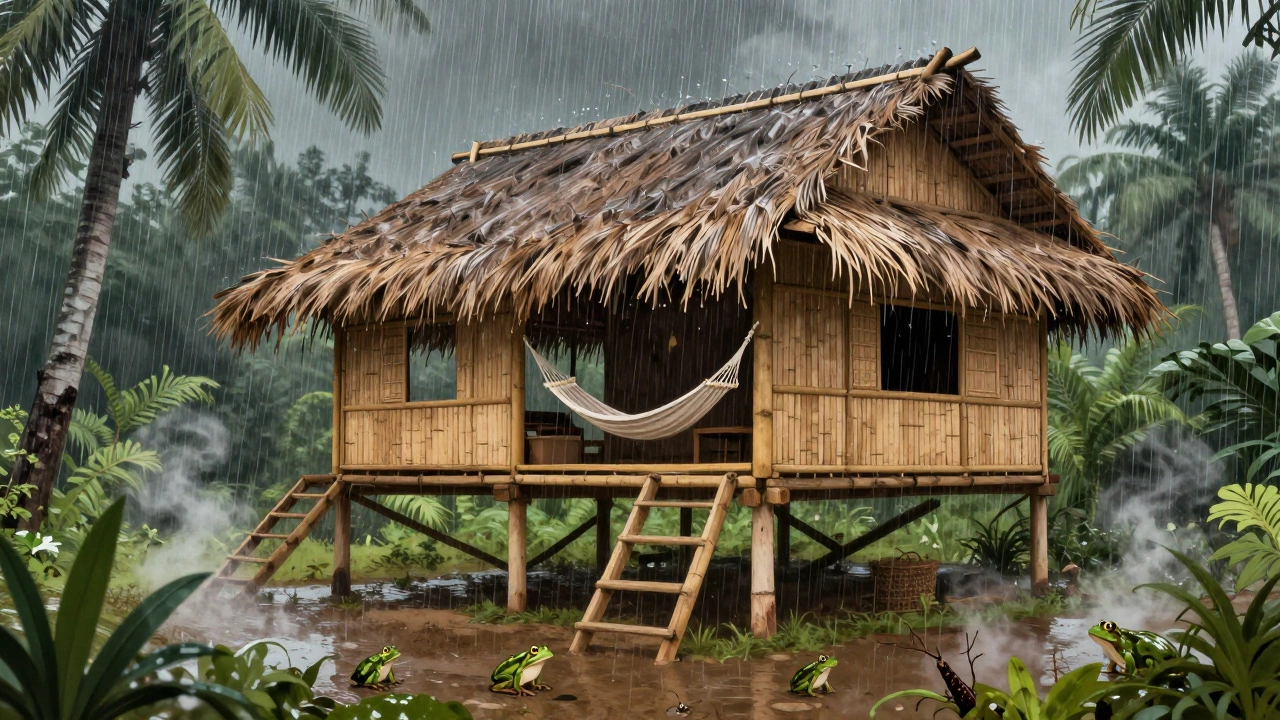 Традиционный дом на сваях в тропиках под проливным дождем, с открытыми стенами и гамаком.