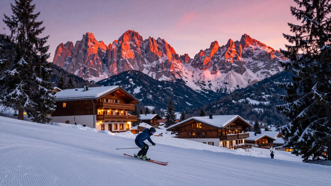 Закат в Кортине-д’Ампеццо: алые Доломиты, лыжник на склоне, теплые огни ресторанов.