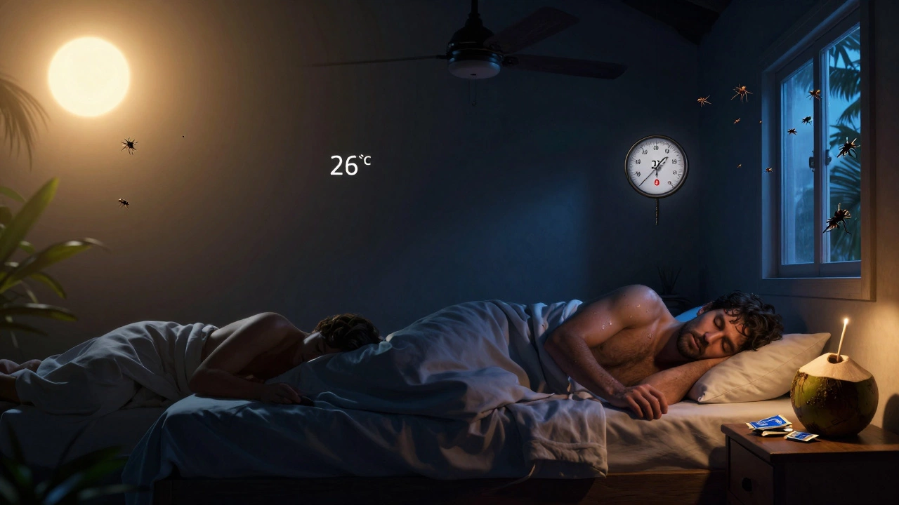 Цикл дня и ночи в тропиках: человек утомлён днём и плохо спит ночью при высокой температуре и вентиляторе.