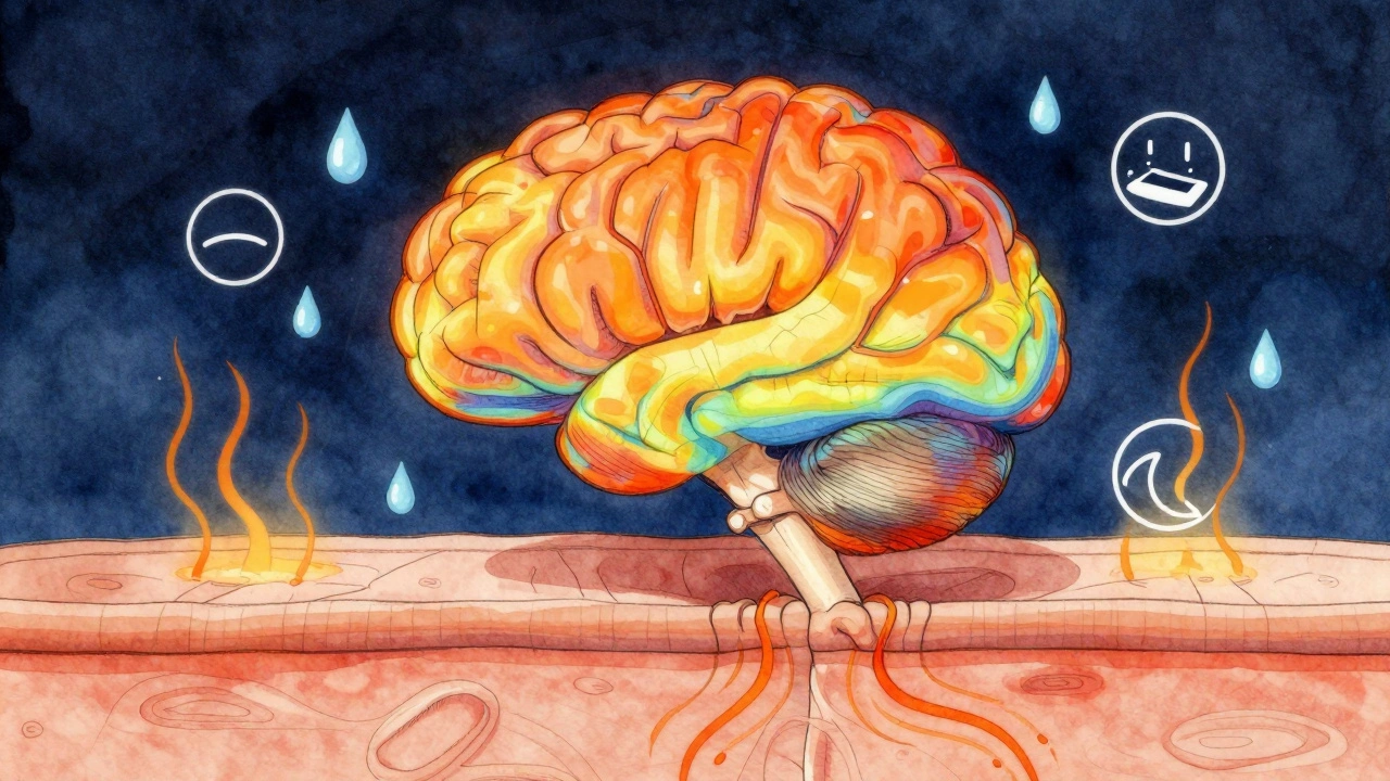 Художественное изображение мозга с тепловыми потоками: кровь отходит от головы к коже под воздействием жары.