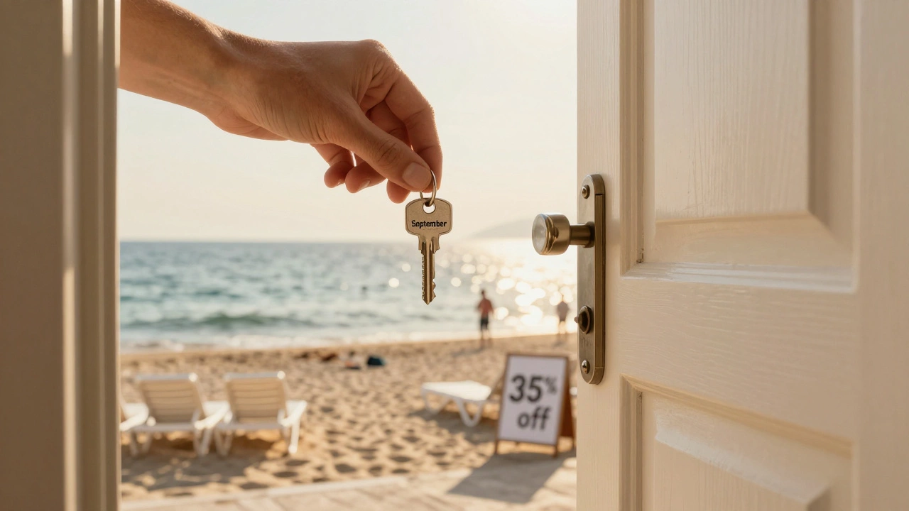 Ключ сентября открывает дверь к пустому, тёплому пляжу с надписью '35% скидка'.