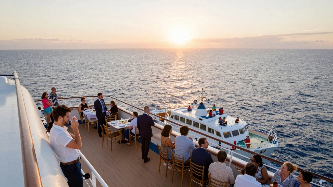 Круизный корабль на закате: пассажиры на палубе, в костюмах, с кремом, в лодках на экскурсии.