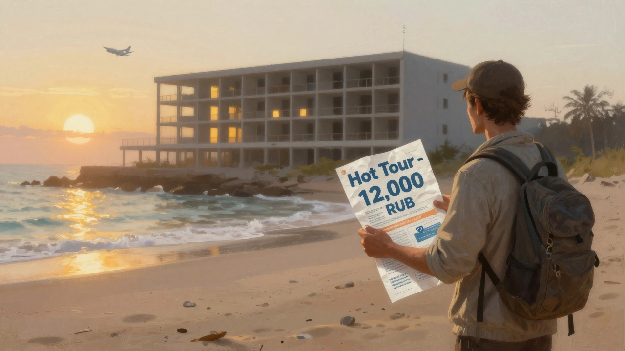 Одинокий турист на пустом пляже с распечатанным предложением горячего тура, за спиной — заброшенный отель, рассвет.