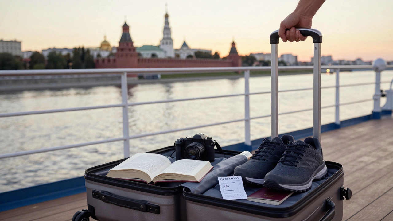 Открытый чемодан на палубе речного круиза с вещами для путешествия и чеком за 38 000 рублей, на фоне Казанского кремля.