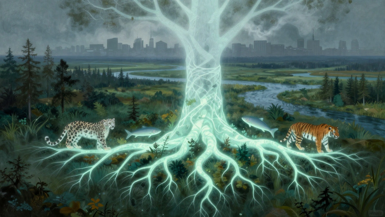 Подземная сеть корней связывает природу и животных, в тени — город.