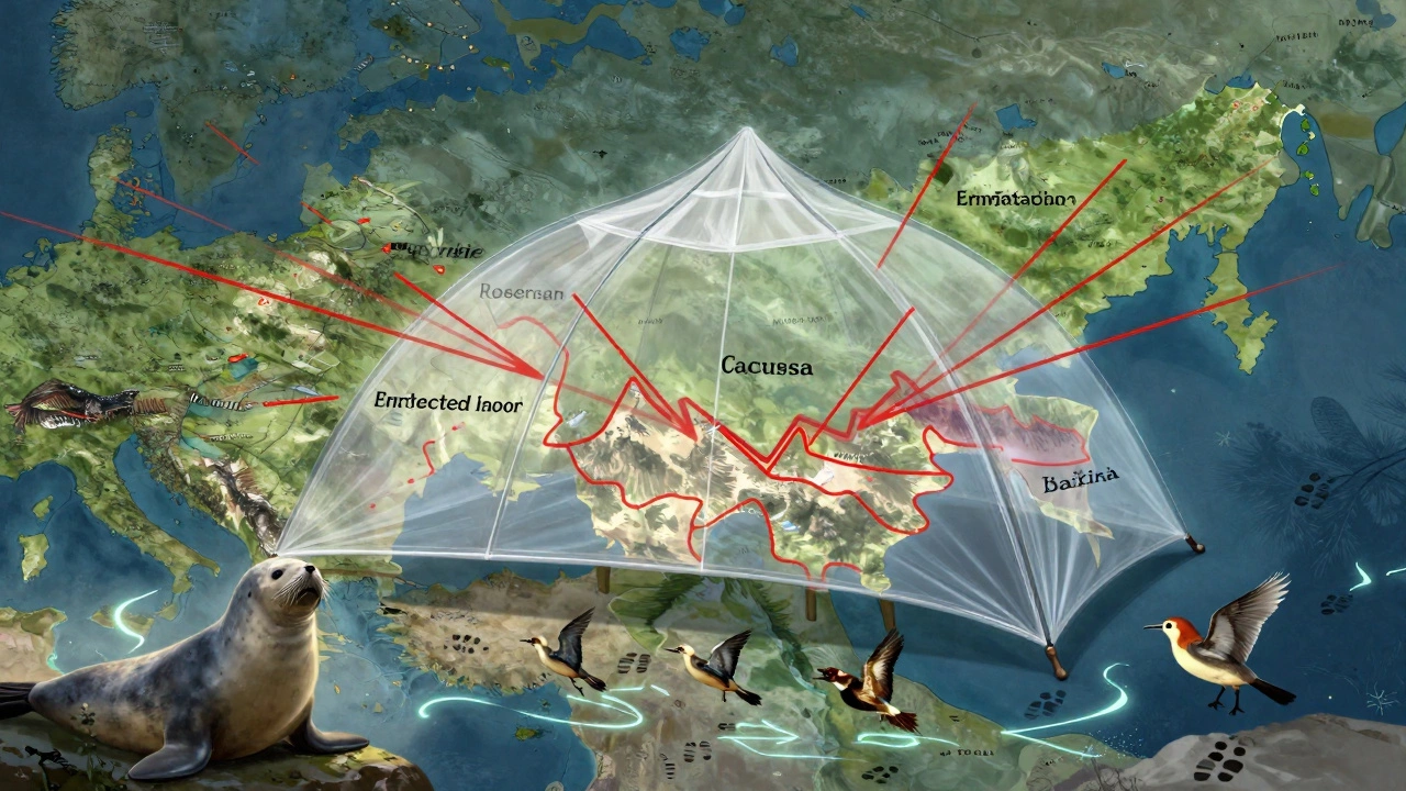 Прозрачная палатка над картой России, красные линии указывают на заповедники, животные убегают.