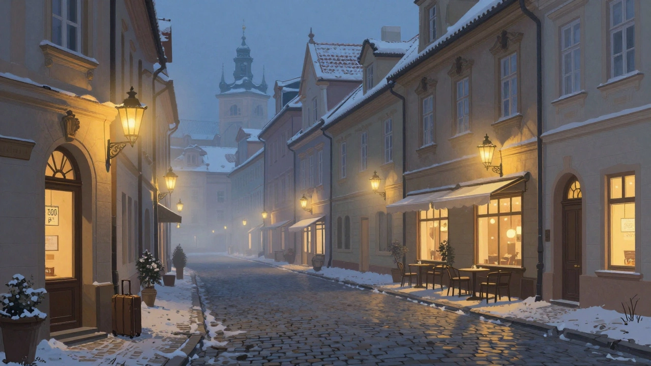 Пустые улочки Праги зимой, один чемодан у отеля, цена 21 500 ₽, мягкий свет фонарей.