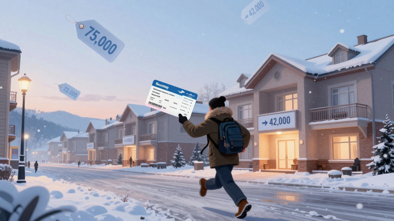 Путешественник бежит по снежной улице с посадочным талоном в Сочи, позади — пустые отели.