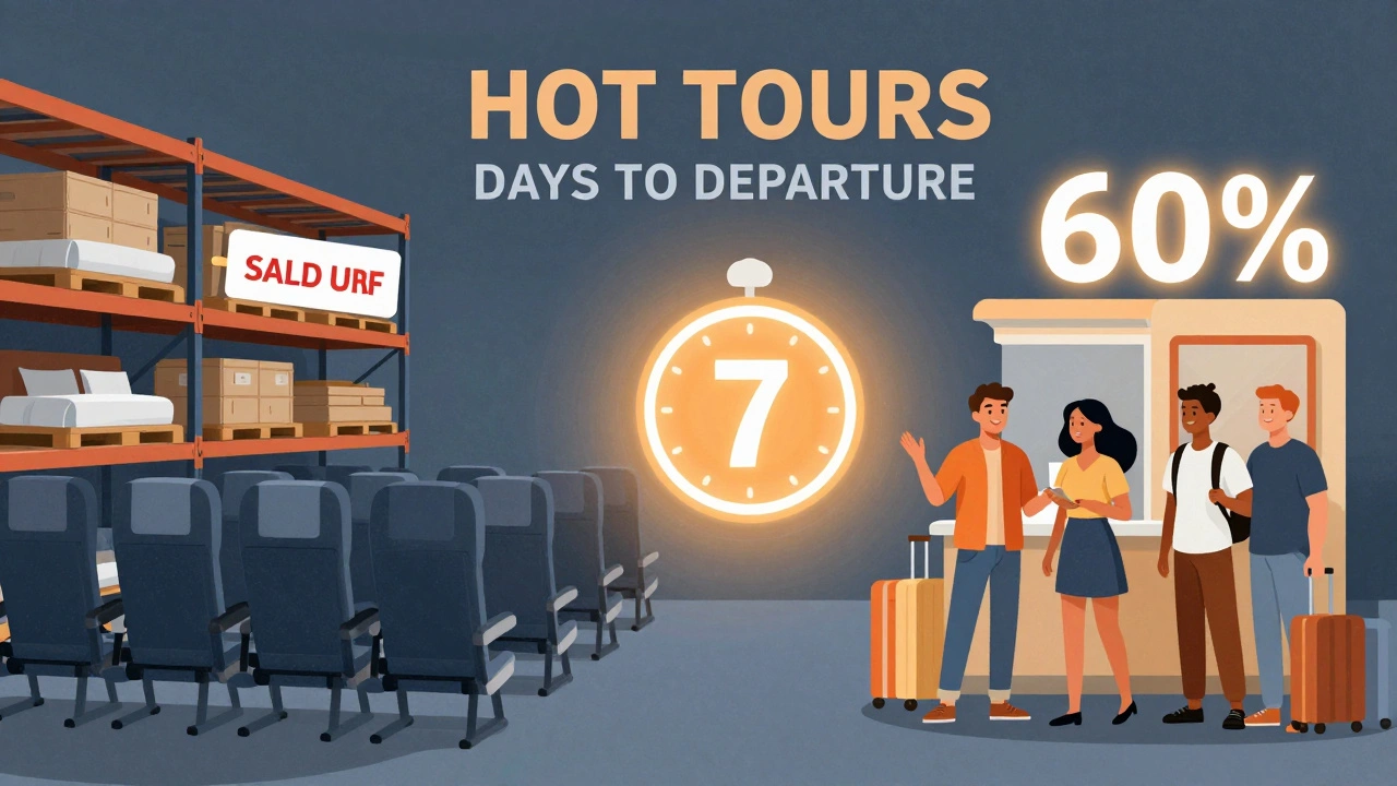 Схема: пустые номера отелей и самолеты превращаются в проданные горячие туры с скидкой 60% и таймером обратного отсчета.