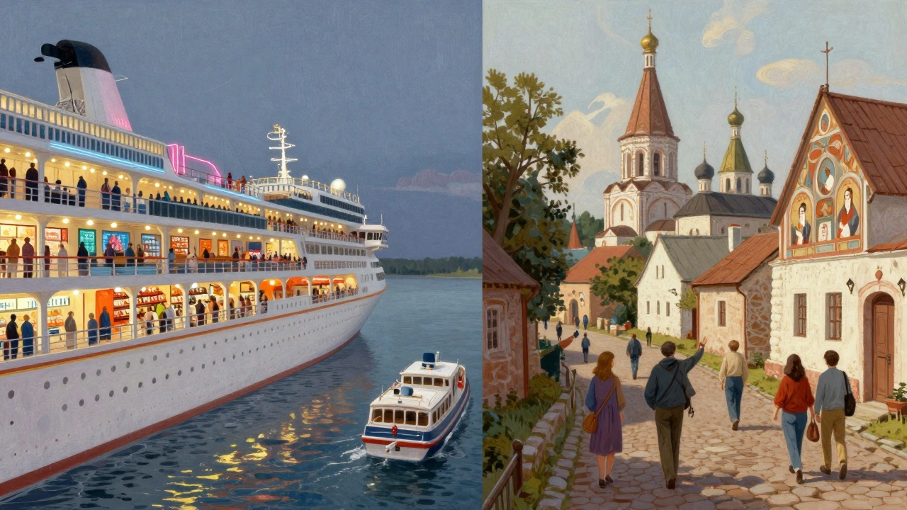 Сравнение: океанский круиз с развлечениями и речной — с посещением старинной церкви в русском городе.