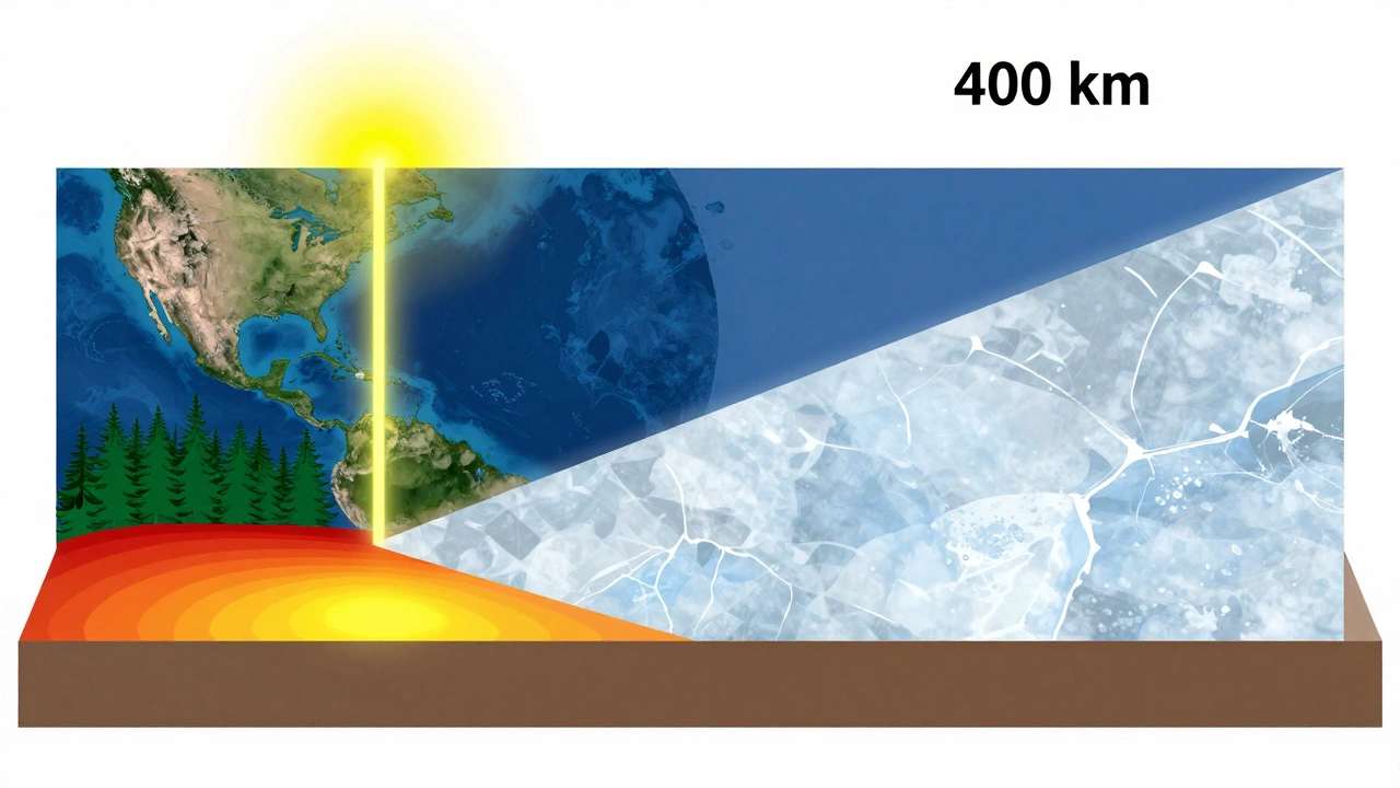 Сравнение путей солнечных лучей: вертикальный через тонкую атмосферу над тропиками и наклонный через толстый слой над льдом.