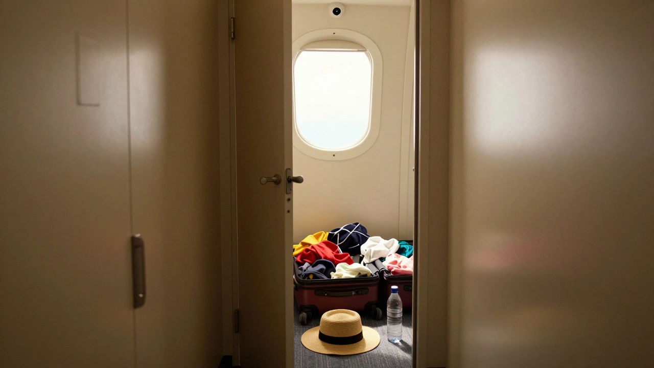 В открытой двери каюты лежат вещи, на полу — кепка и бутылка воды, камера наблюдает.