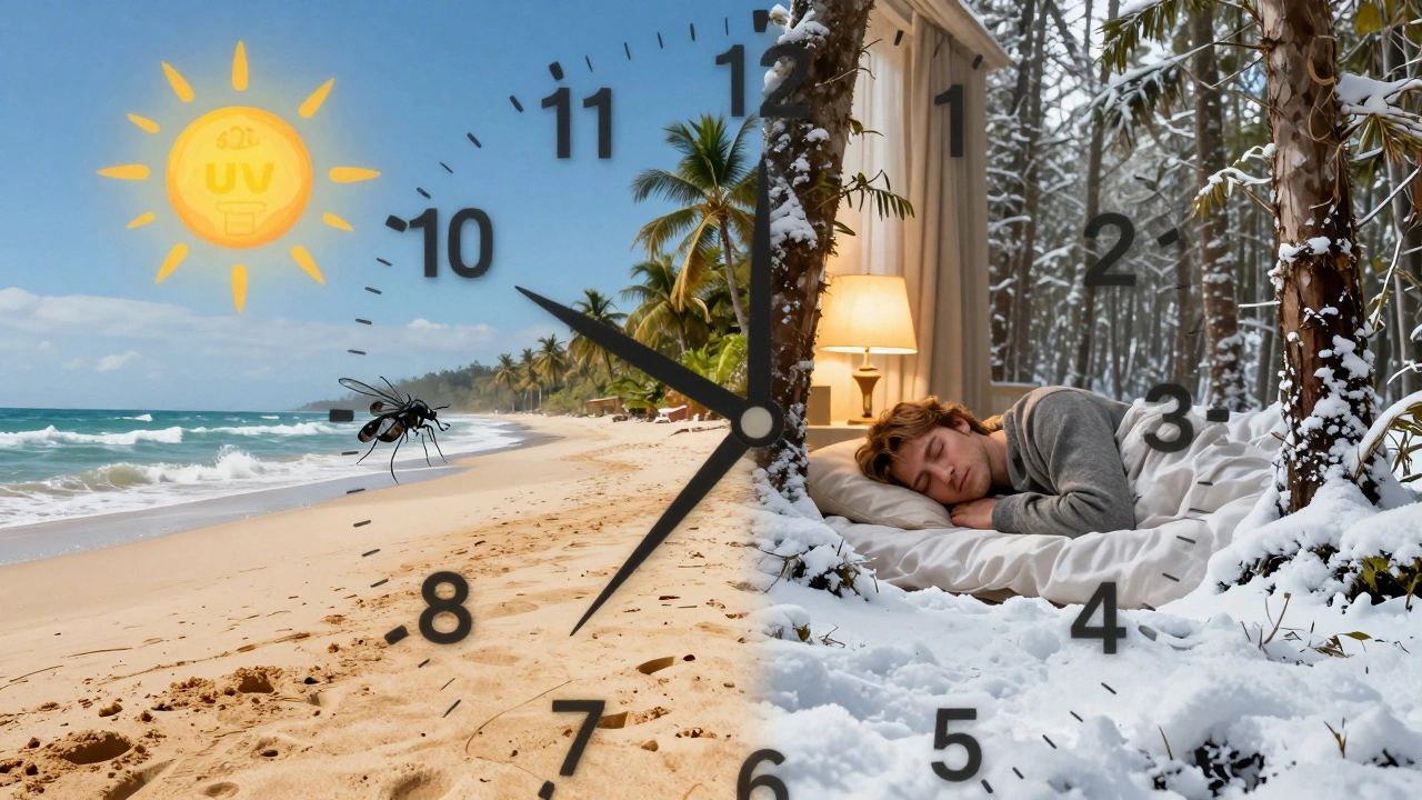 Часы в ландшафте: тропики с опасностями против зимнего леса с теплым сном — сезонность важна для здоровья.