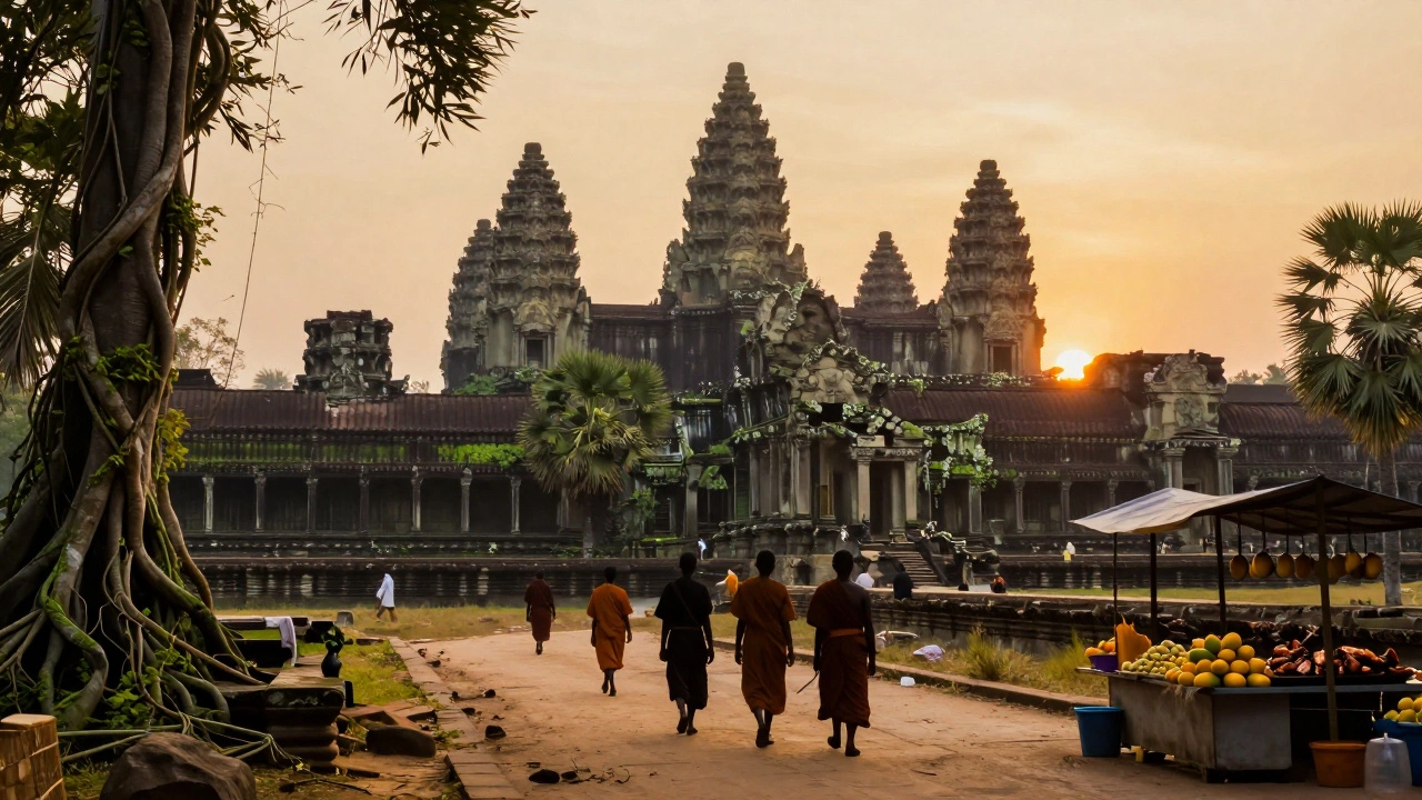 Древние храмы Ангкор-Ват в Камбодже на рассвете, тихо и без туристов, с монахами и уличным рынком.