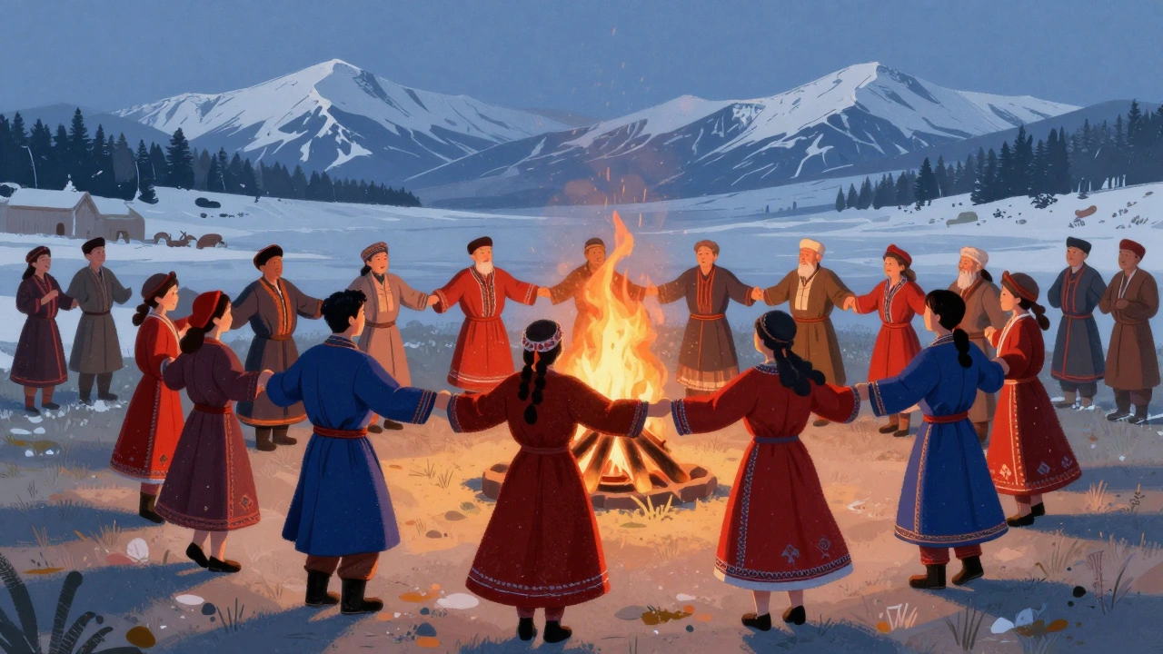 Гости участвуют в танце вокруг священного огня на фестивале в Туве, вокруг — горы и традиционные костюмы.