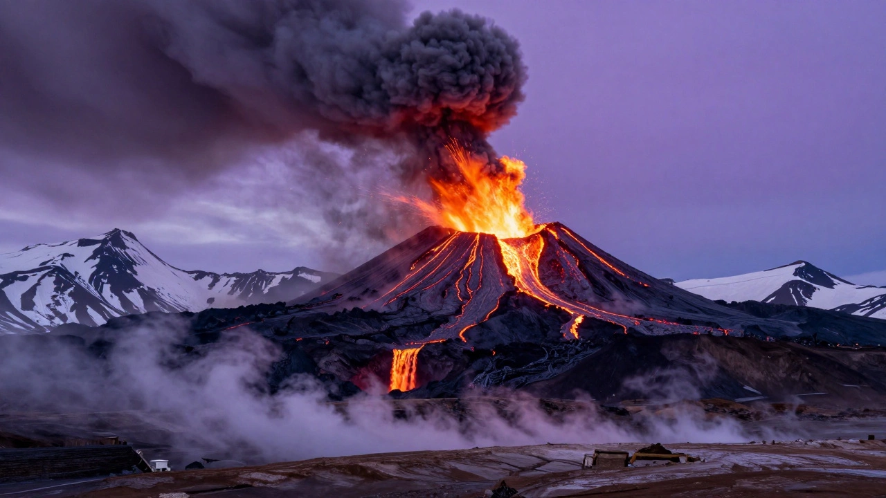 Извержение вулкана Ключевская Сопка с пепельным облаком и лавовыми полями.