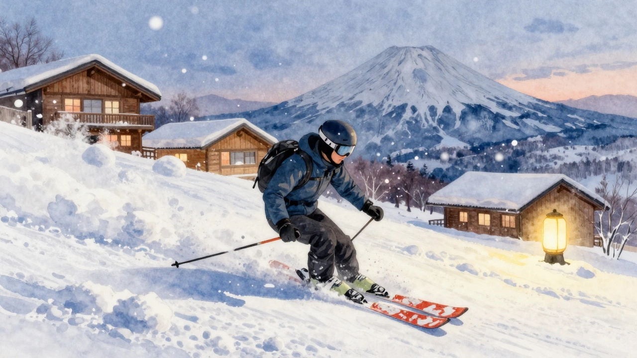 Лыжник в Ниси-Хакубе, японский порошок снега, деревянные дома на фоне.