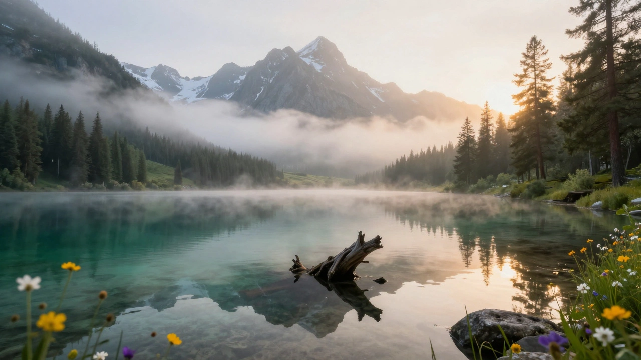 Озеро Телецкое с отражением вершины Белухи в тумане и подводными деревьями.