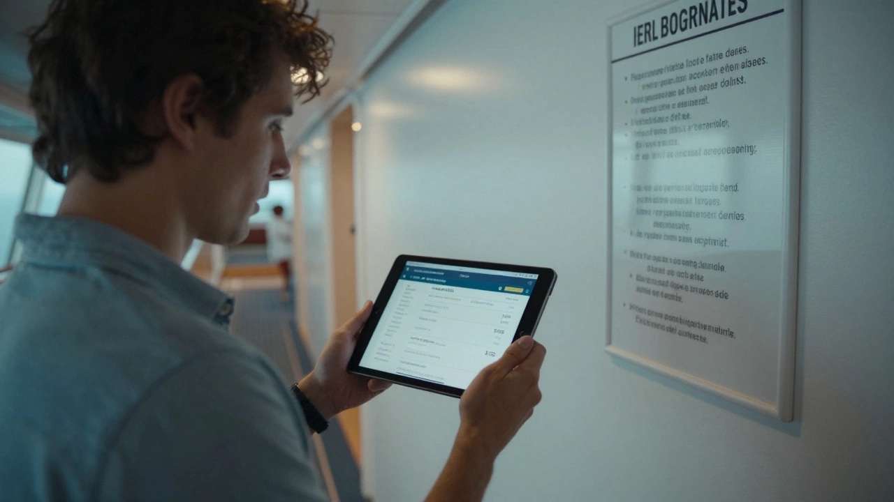 Пассажир проверяет детализированный счет за круиз на планшете в коридоре корабля