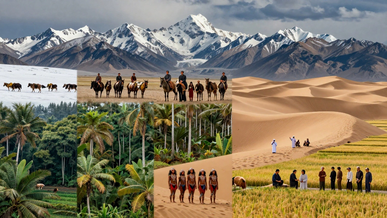 Пять природных зон Азии, каждая с уникальными народами: сибиряки, тибетцы, папуасы, персы и китайские фермеры.