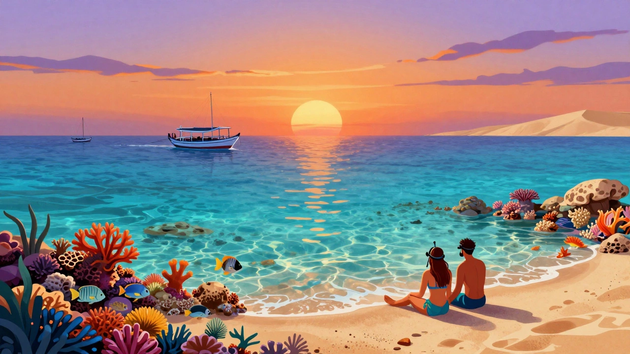 Подводный мир Красного моря в Египте с кораллами и лодкой на закате.