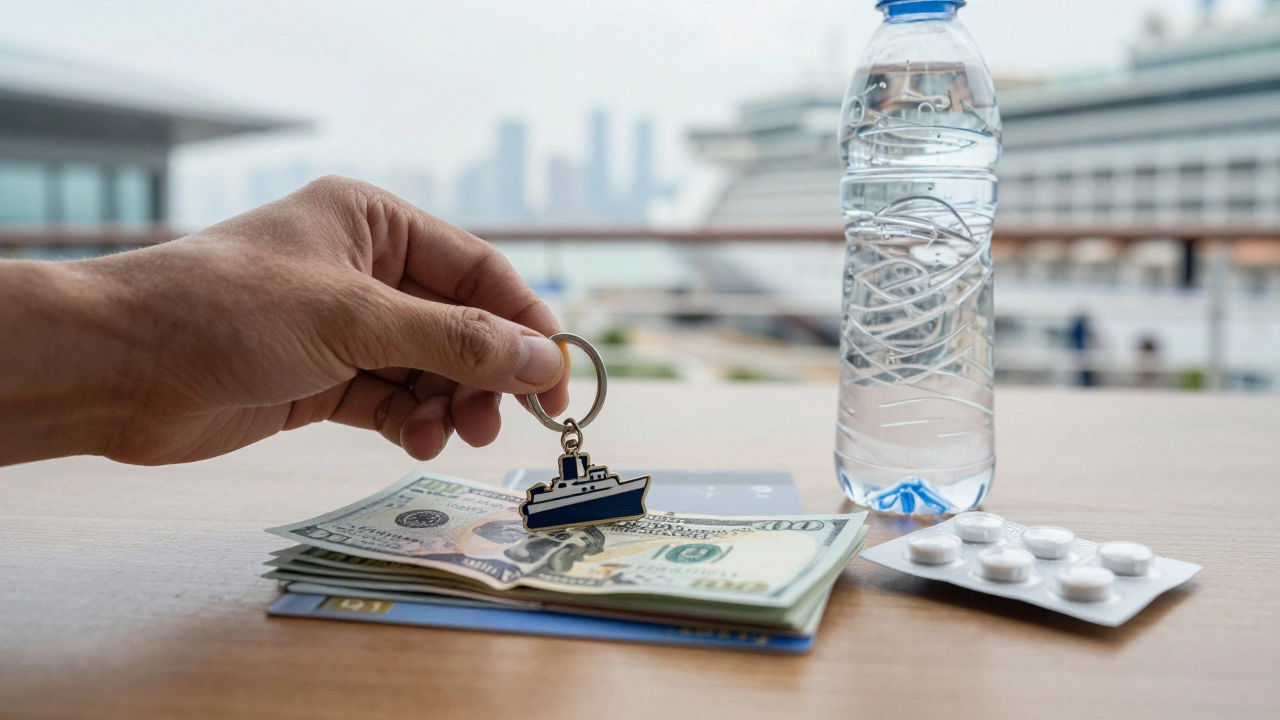 Рукав с сувениром, деньгами и лекарством от морской болезни на фоне круизного порта