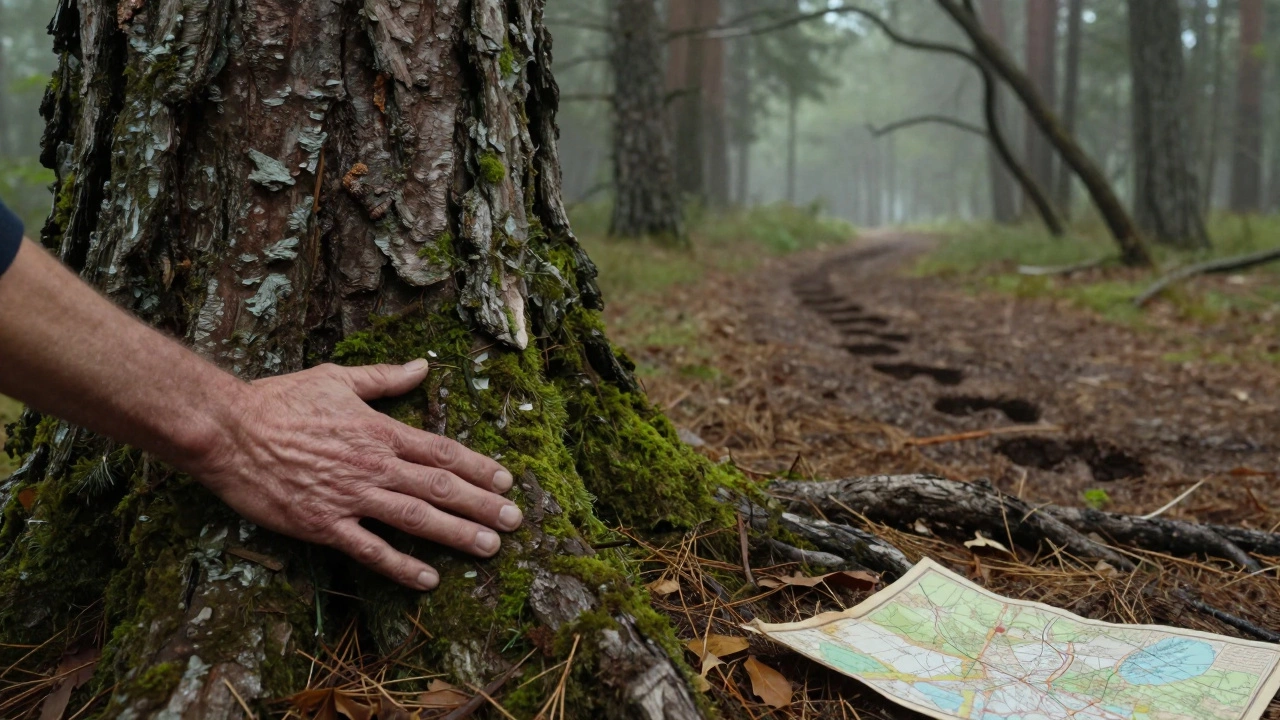 Руки исследуют рост мха и корни дерева, чтобы определить направление в лесу.