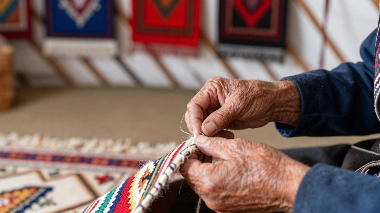 Руки учителя и ученика вместе ткут ковёр, в фоне — юрта и традиционные узоры.