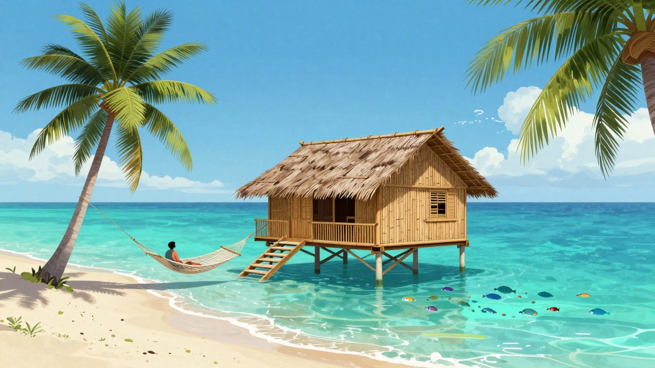 Уютное бунгало на берегу моря в Палаване, Филиппины, с прозрачной водой и рыбами под поверхностью.
