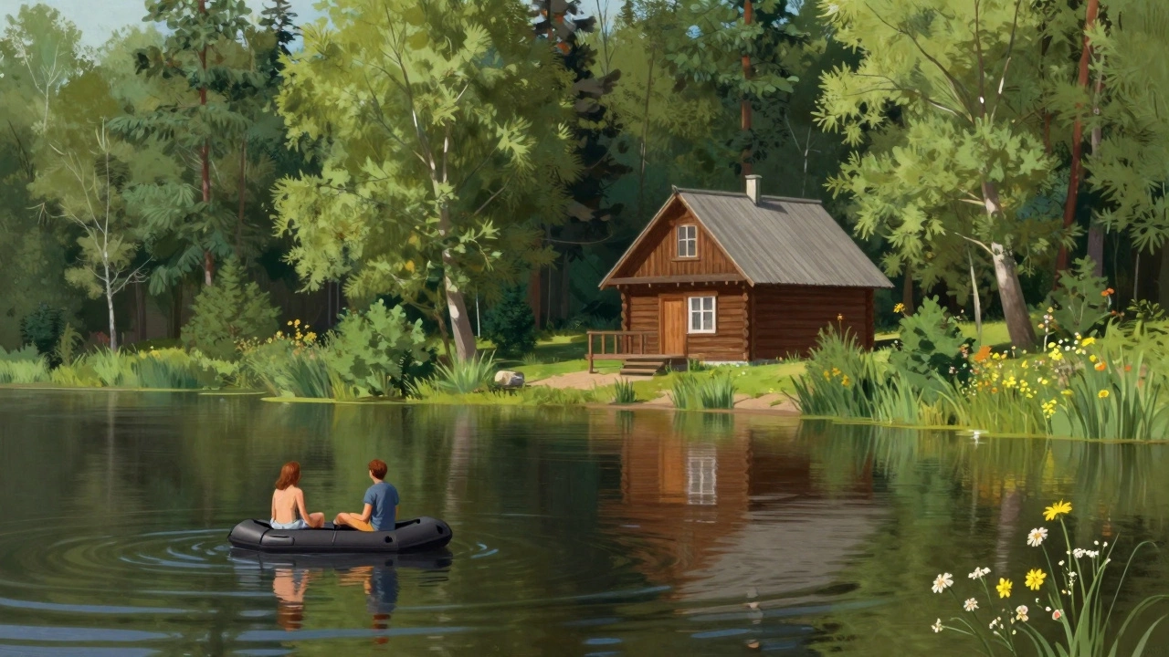 Уютный отдых у озера Нарочь в Беларуси с деревянным домиком и лодкой.