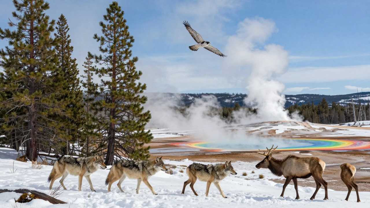 Волки и олени в лесу Йеллоустона, птица в небе, горячие источники с радужными водами и извержение гейзера на фоне.