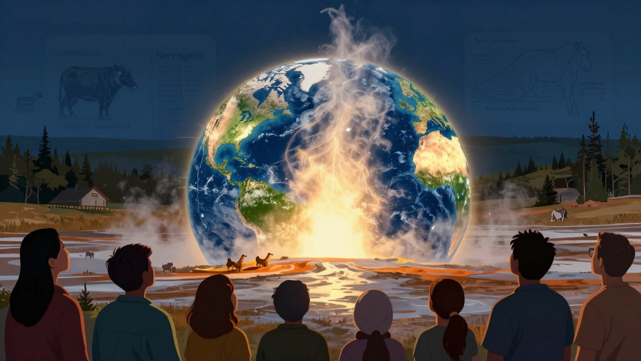 Земля с символом Йеллоустона, люди разных народов смотрят в небо, вокруг — силуэты других заповедников.