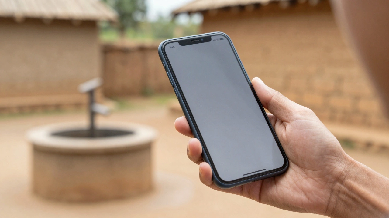 Человек пользуется смартфоном в деревне для денежных переводов