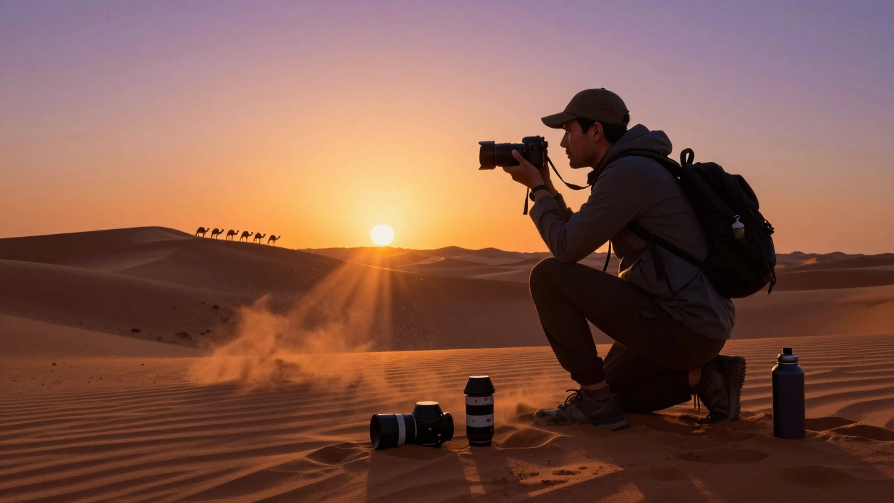 Фотограф-путешественник в пустыне Сахара на рассвете, делает снимок с вершины дюны.