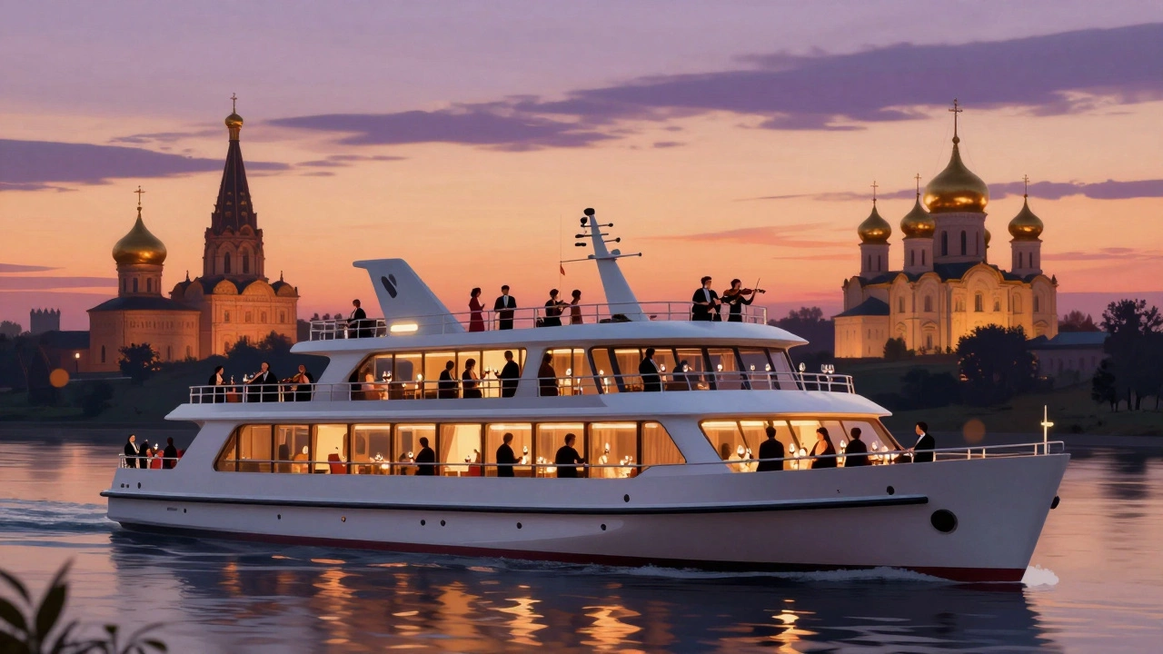 Гости роскошного круиза на Волге на закате, дегустируют вино на верхней палубе с видом на ярославские купола.