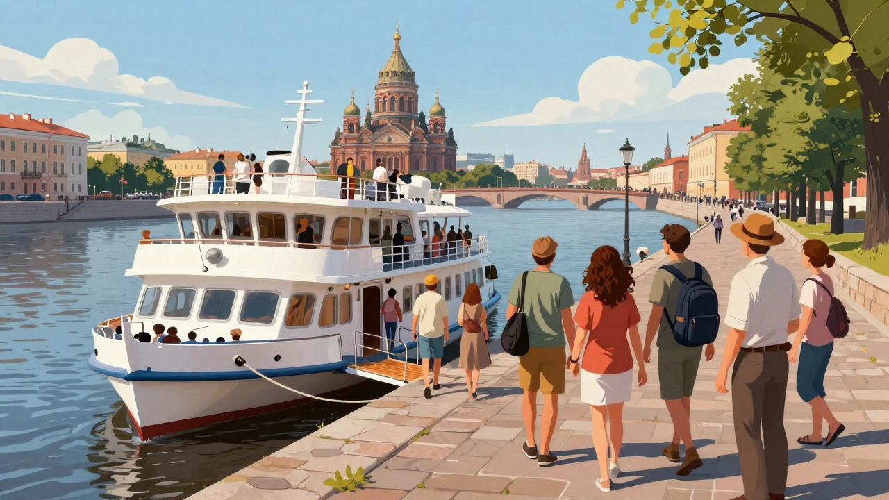 Группа туристов с гидом идет по набережной у причала круизного теплохода.