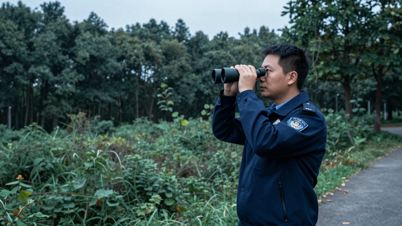 Инспектор с биноклем у границы леса