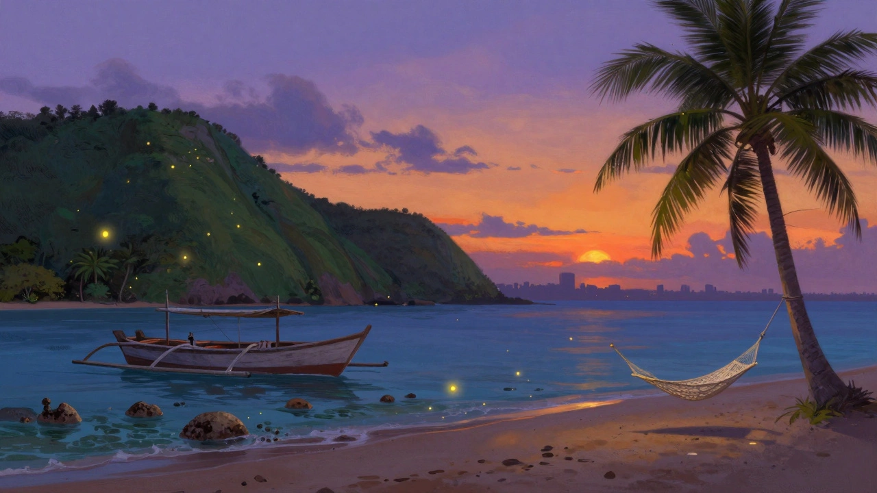 Карибское побережье Пуэрто-Рико на закате с лодкой и гамаком.