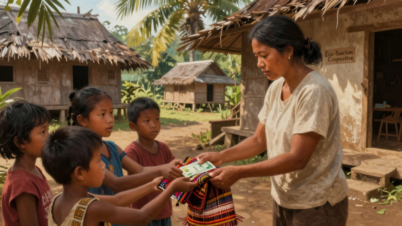 Координатор экотуризма в индонезийской деревне обменивается тканями с местными жителями.