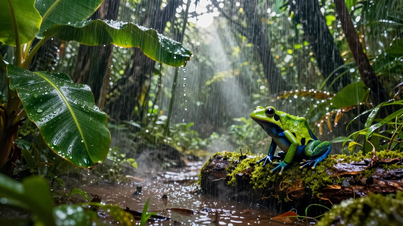 Ливень в тропическом лесу: дождь падает вертикально, листья мокрые, яркая лягушка на мху, пар поднимается от земли.