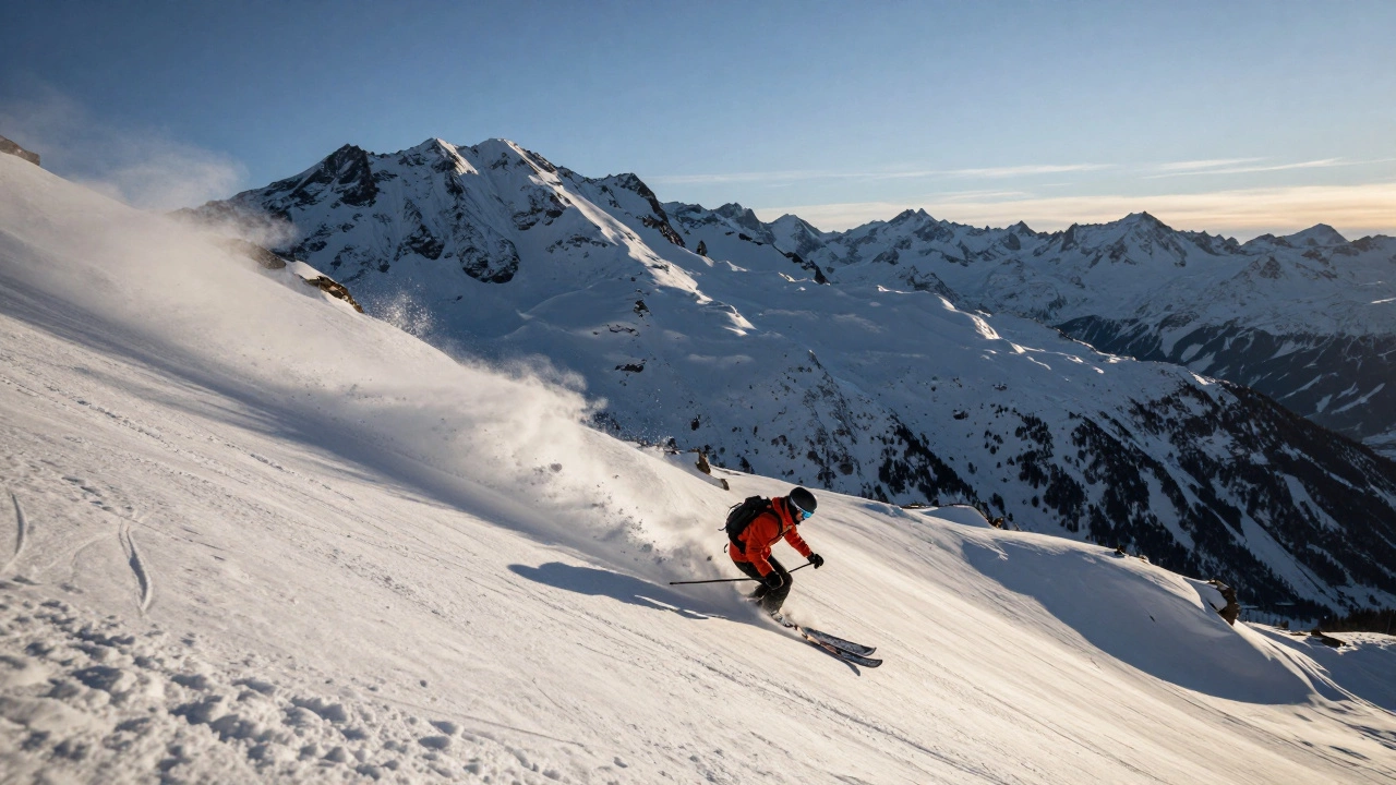 Лыжник на крутом склоне Блэккомба, снежная пыль поднимается в воздухе, безлюдная альпийская панорама.