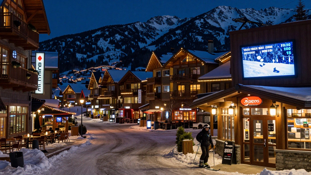Ночной вид деревни Уистлер с огнями, ресторанами и цифровыми экранами, показывающими данные о лыжных трассах.