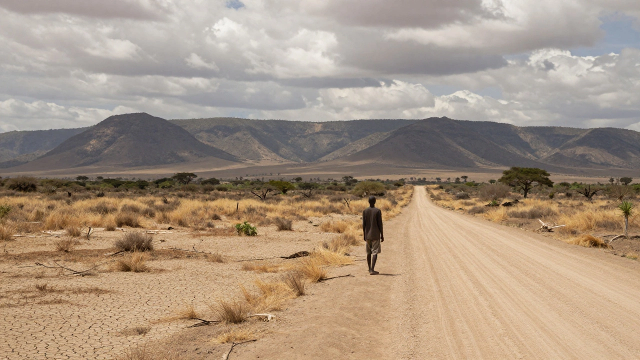 Одинокий фермер на засухи поражённом поле перед горами