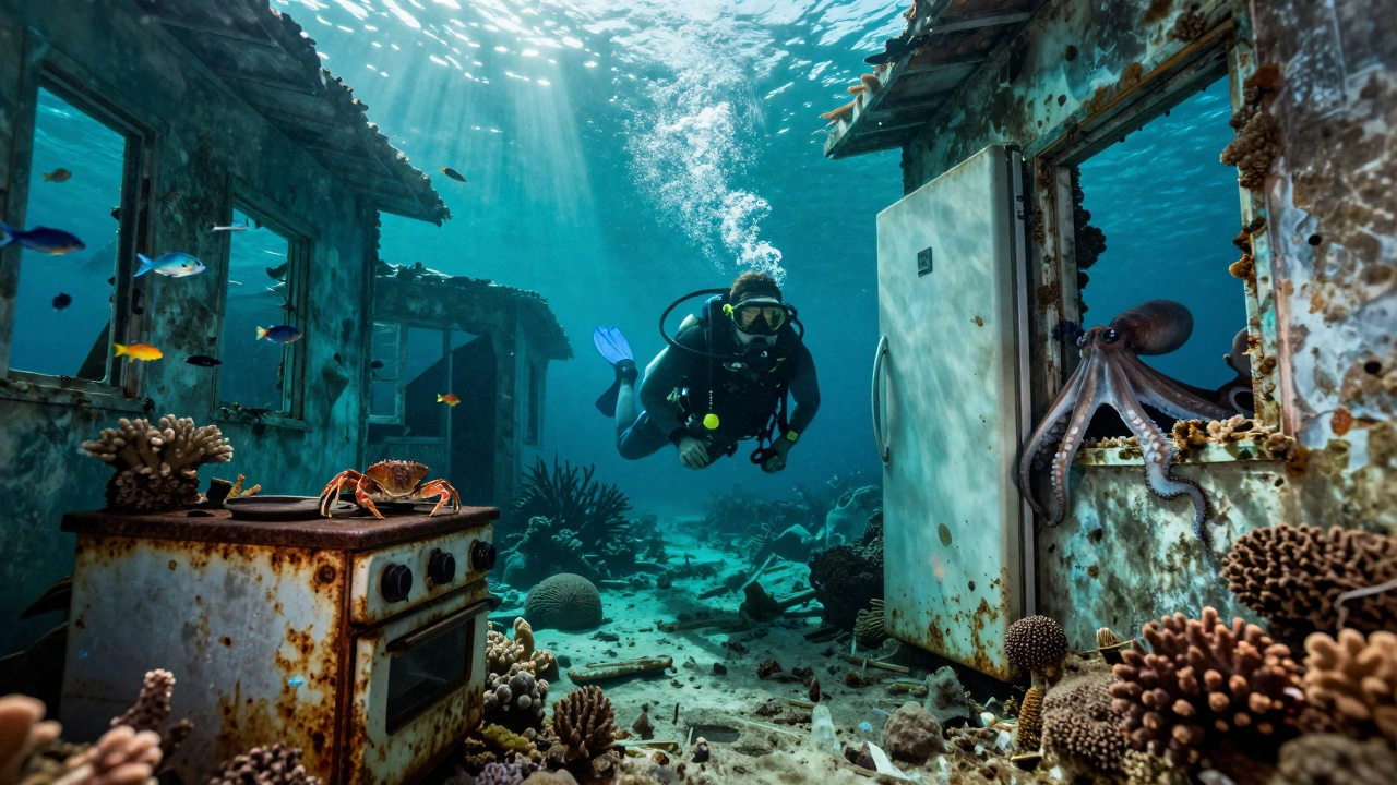 Подводный мир Кубы: крабы ползают по кухонной плите среди кораллов и руин.