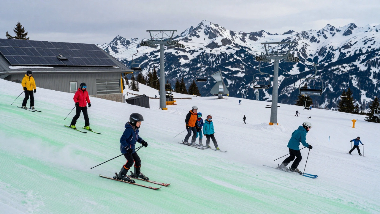 Разные группы лыжников — дети, семьи и экстремалы — катается на снегу при солнечном свете и солнечных панелях на фоне.